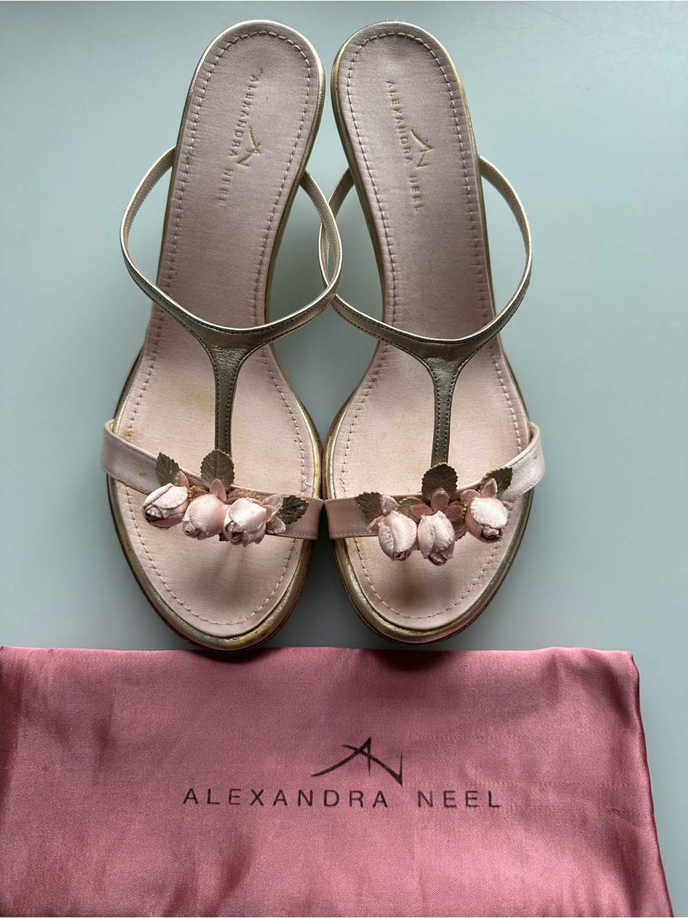 AUTHENTIC ALEXANDRA NEEL Gold Light Pink Satin Floral Thong Sandals